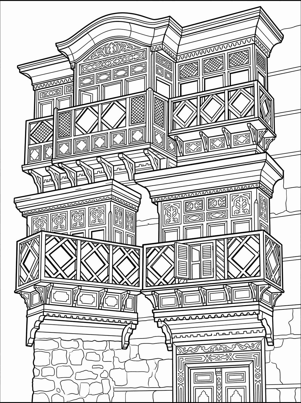 Line art plate: Hijazi rawshan house with carved balconies