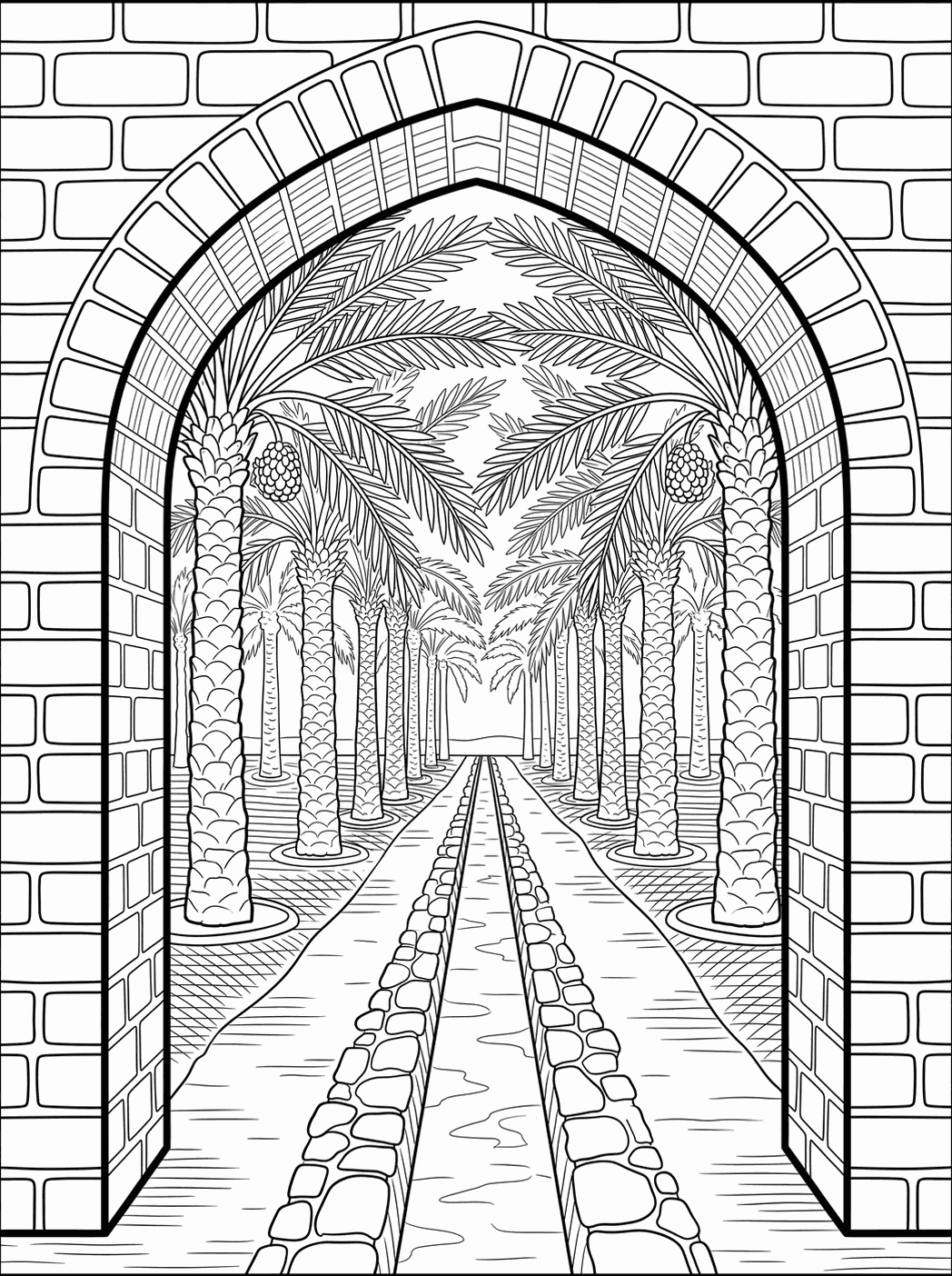Line art plate: arched palm colonnade
