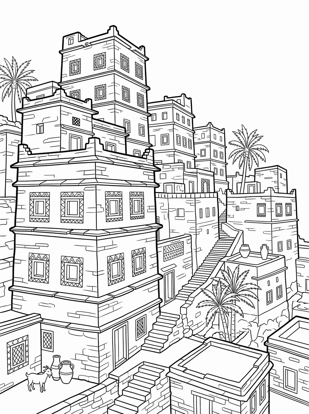 Line art plate: terraced hillside village
