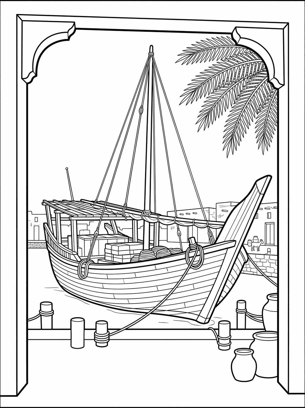 Line art plate: wooden dhow beside palms