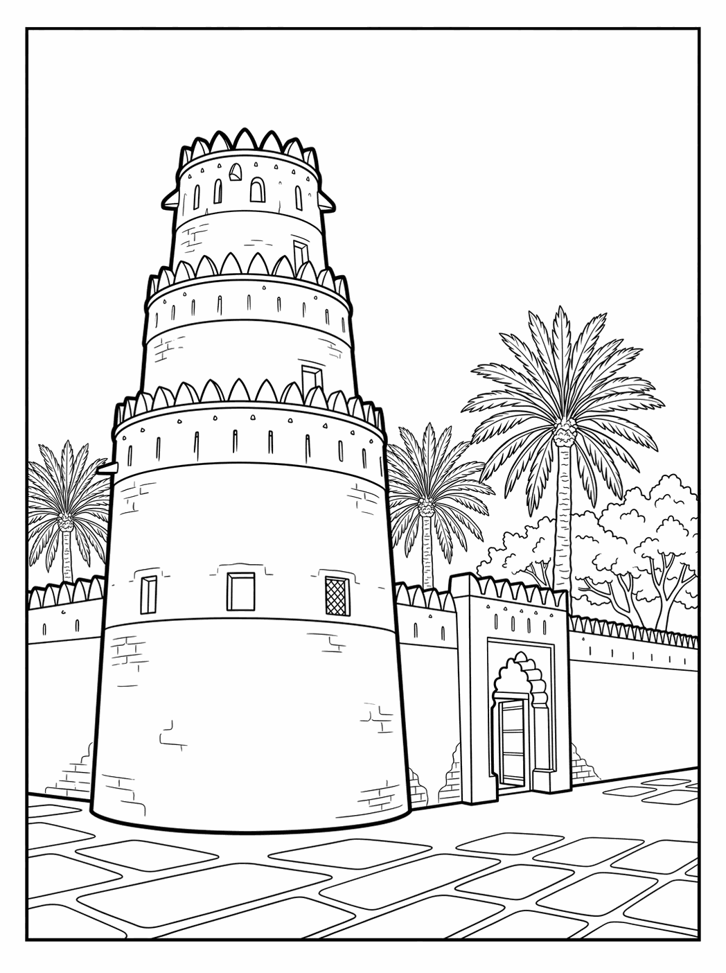 Line art plate: tiered spiral tower
