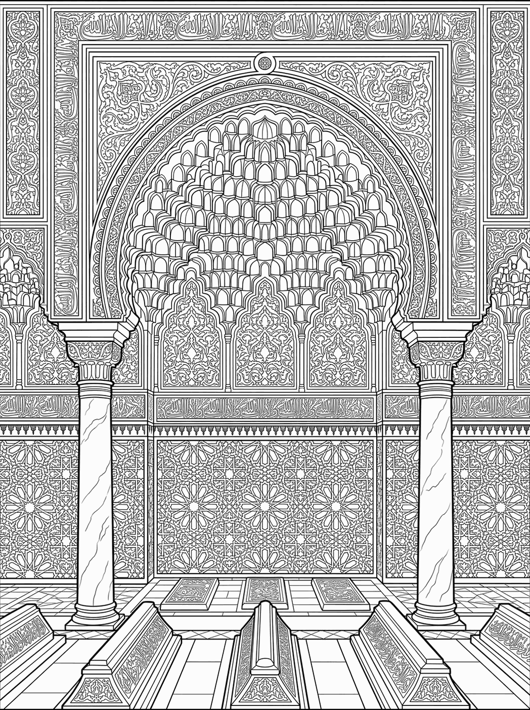 Line art plate: muqarnas prayer niche with carved stucco