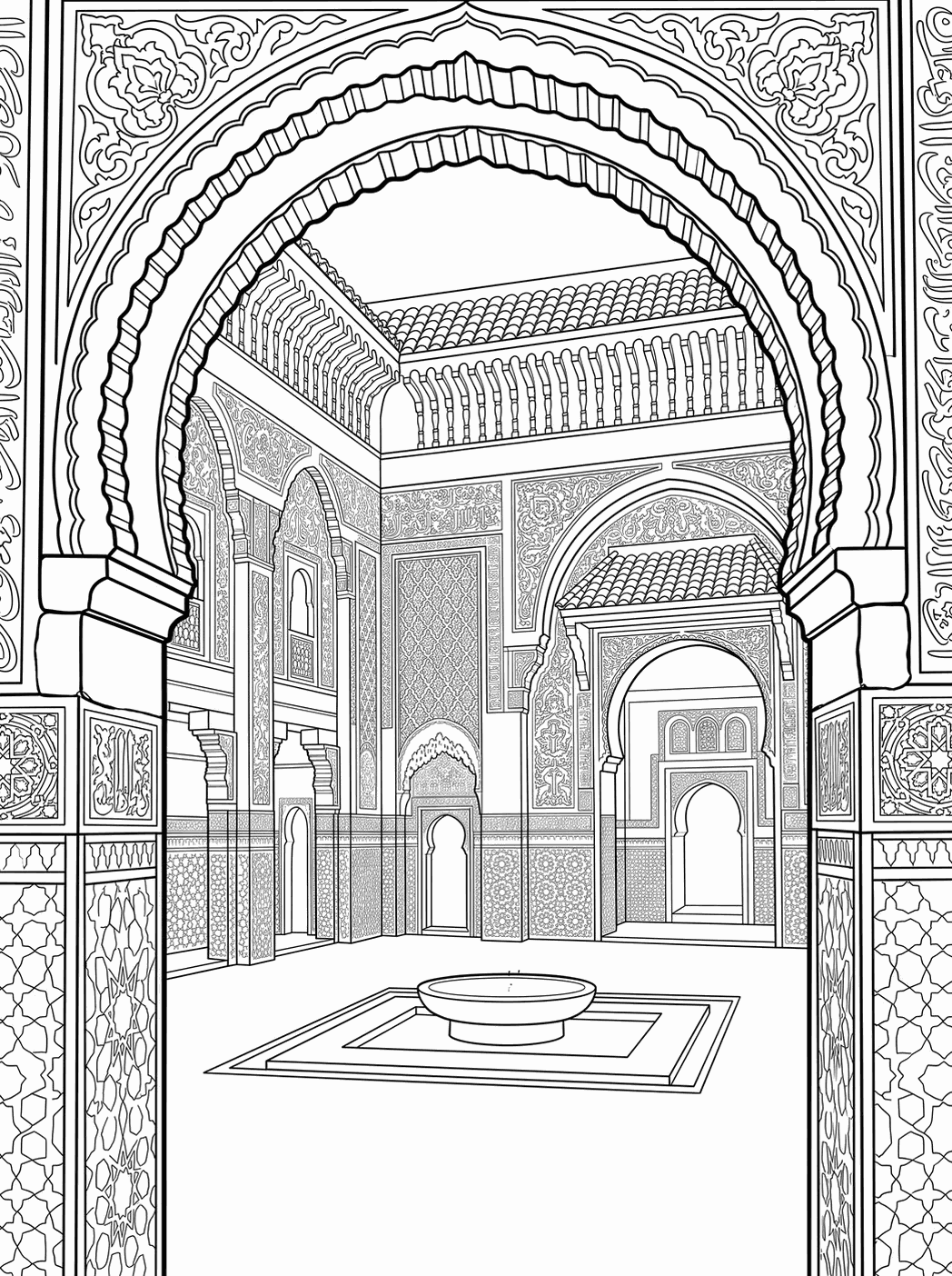 Line art plate: tiled courtyard with a reflecting pool