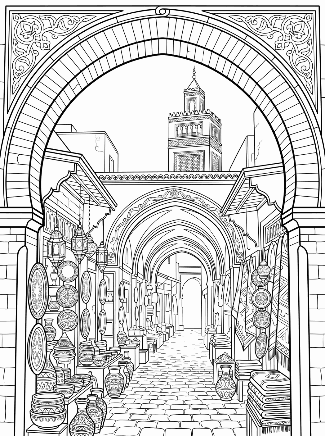 Line art plate: covered souq lined with pottery and lamps