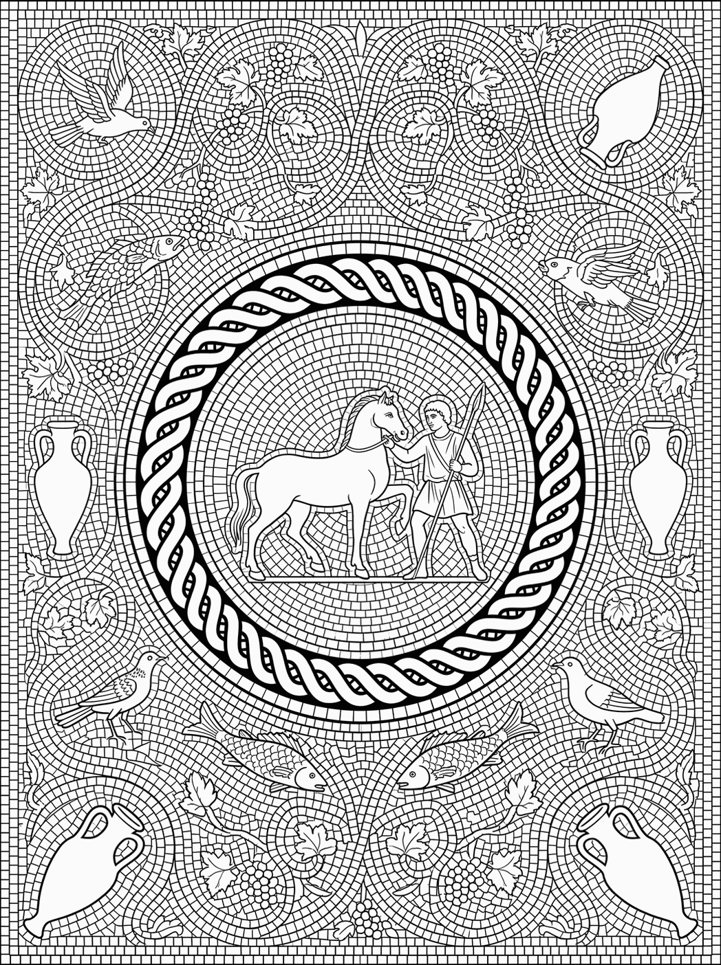 Line art plate: Roman mosaic medallion with a horse